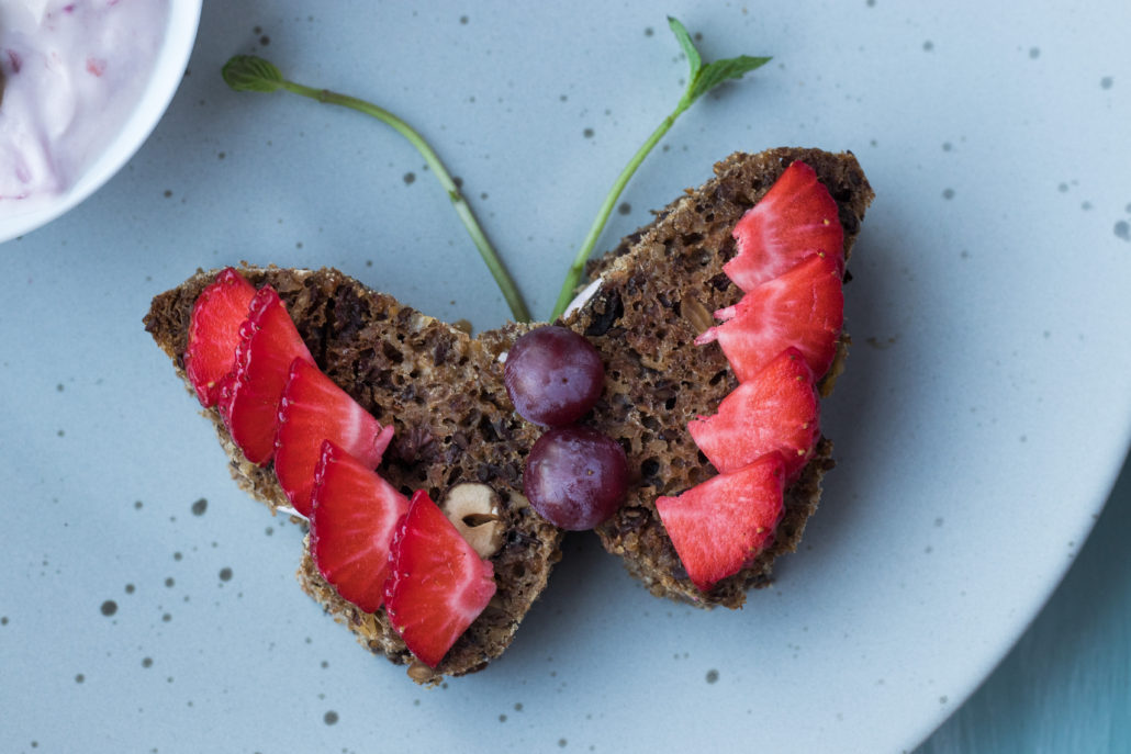 Scarlett The Butterfly With Strawberry Curd And Muesli Bread Mestemacher